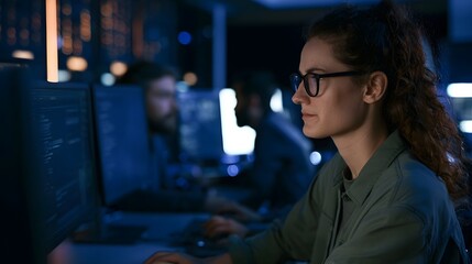 Naklejka premium A focused professional works on digital systems in a dimly lit modern workspace emphasizing the theme of technology and cybersecurity