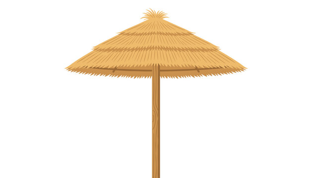 A thatched-roof style beach umbrella made of layered straw or raffia features a textured rustic appearance against a clean and bright white studio background.