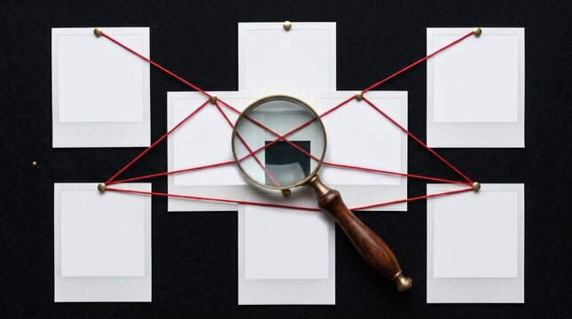 Minimalist crime analysis layout with magnifying glass and red string links
