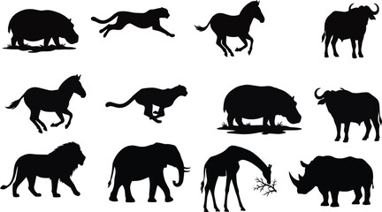 Naklejka premium African Wildlife Animal Silhouette Collection Featuring Lion Elephant Rhinoceros Hippopotamus Giraffe Buffalo Horse and Wildlife Animal Silhouette Collection Featuring Lion Elephant Rhinoceros 