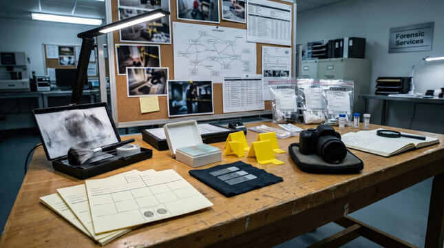Forensic services lab desk with crime scene evidence, documents, camera, and investigation board.