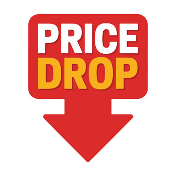 Price drop button with down arrow, red sale announcement.
