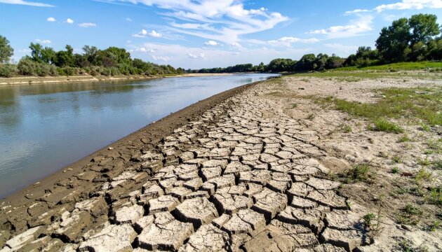 Cracked Dry Riverbank Beside Low Water River in Sunny Rural Landscape