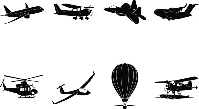 Aircraft and Aviation Silhouette Collection Featuring Airplane Helicopter Jet Glider Hot Air Balloon and Seaplane  and Aviation Silhouette Collection Featuring Airplane Helicopter Jet Glider Hot Air 
