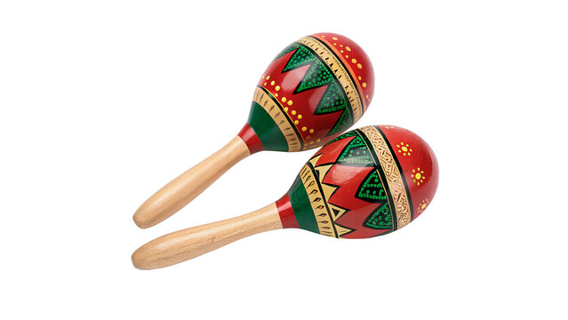 Pair of traditional colorful wooden Mexican maracas musical instruments isolated on transparent background cut out