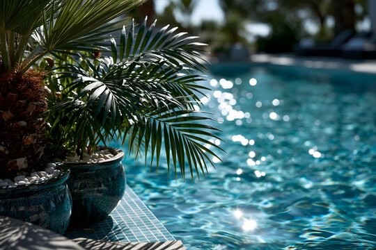 Sonnenbeschienener Pool mit Palmen und glitzerndem t&uuml;rkisem Wasser am Poolrand