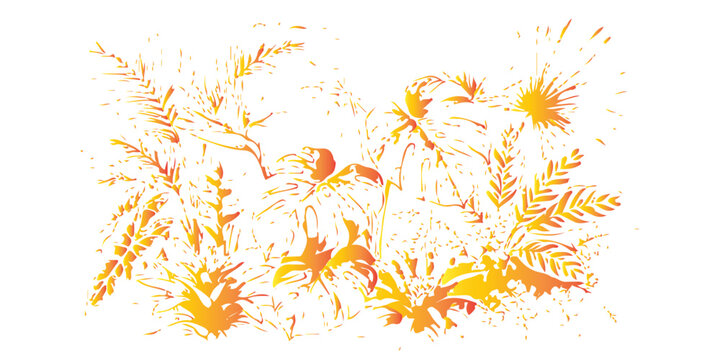 Vector illustration of fire flames on a white background decorated with orange autumn leaves and yellow floral design elements