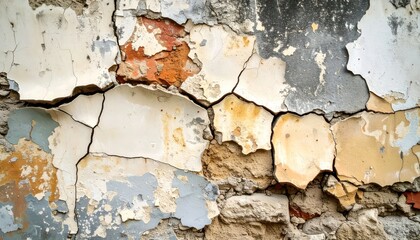 Obraz premium Cracked Peeling Paint Revealing Weathered Plaster on Old Wall