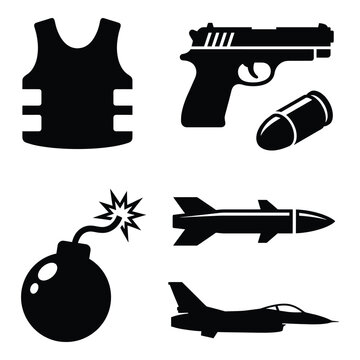 Military and warfare icons including bulletproof vest gun missile jet fighter and explosive bomb graphics