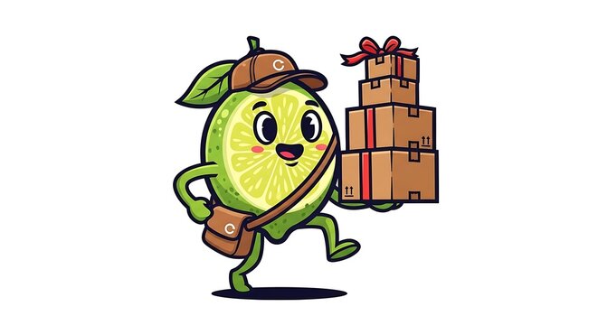 Cartoon green monster carrying heavy boxes.