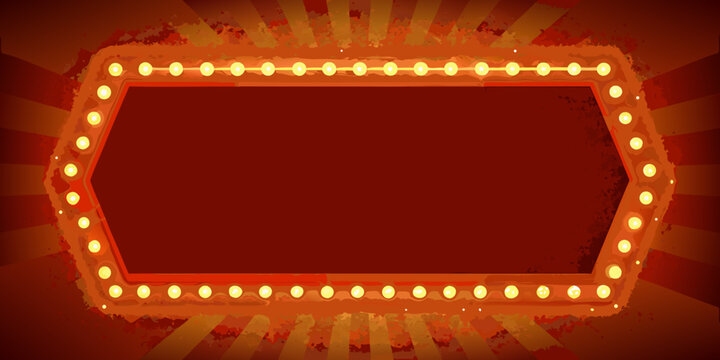 Retro marquee sign frame with glowing yellow lights on orange background