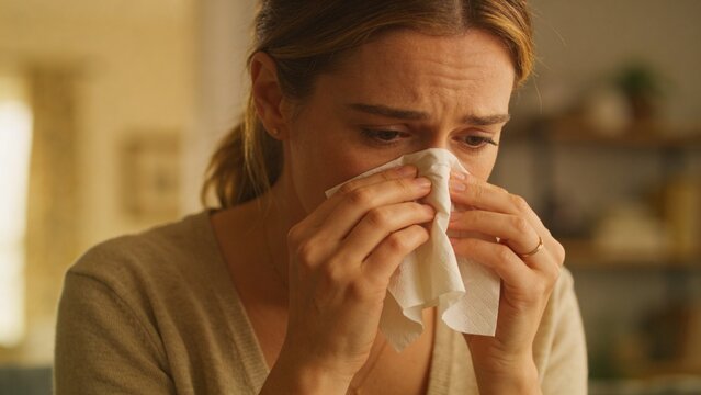 Crying woman holding crumpled white tissue to face at home, wearing beige knit top