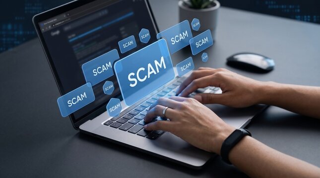 Person typing on laptop computer facing multiple digital scam warning popups representing online fraud