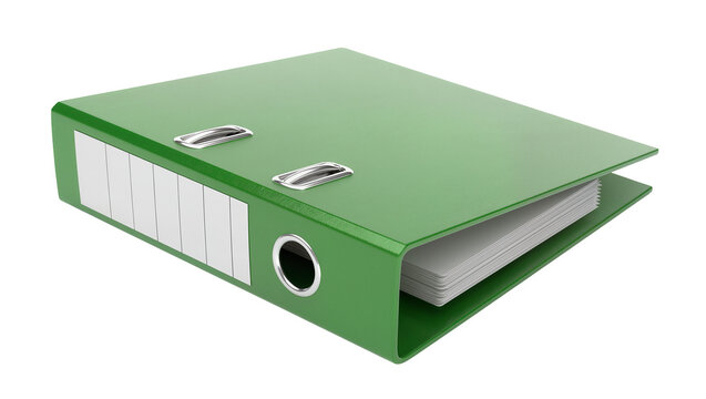 Green lever arch binder with metal ring and paper sheets