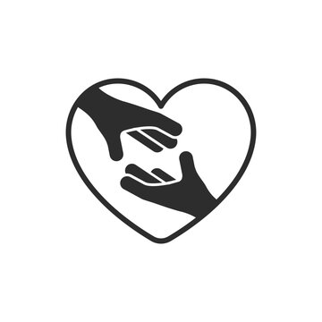 Helping icon. Hand reaches out to hand. shape of a heart. Monochrome black and white symbol