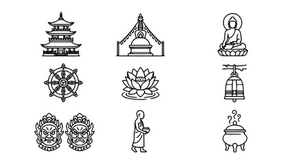 Obraz premium Asian Culture and Buddhism Icon Collection Traditional Religious Symbol Set