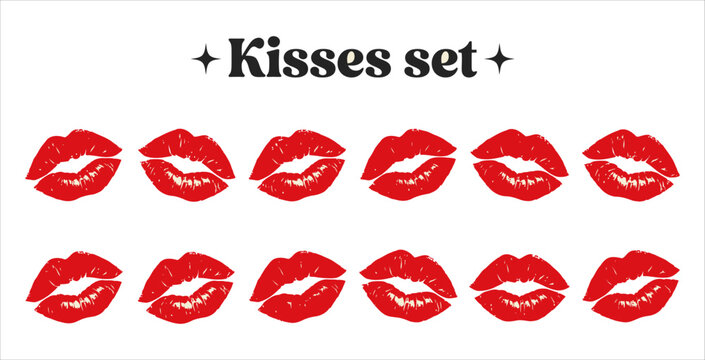 Red lipstick kiss marks set isolated on white background for romance design.