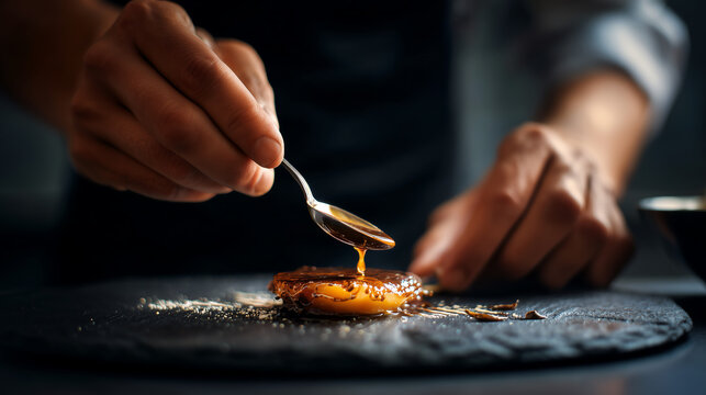 Chef drizzling glossy caramel sauce from a spoon onto a delicate dessert disc set on dark slate under dramatic low light in a fine dining kitchen