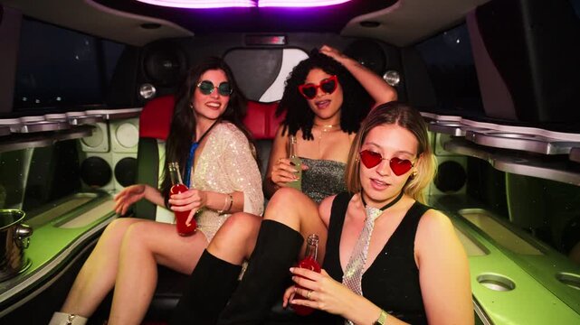 Fashionable young women celebrating new year's eve inside a limousine