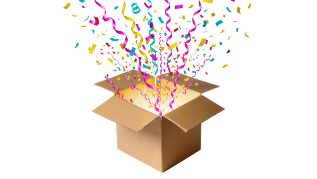 Cardboard box exploding with colorful confetti and streamers
