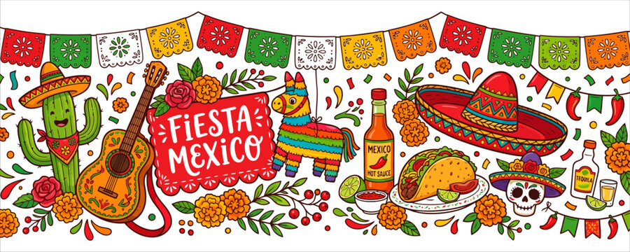 Fiesta mexico banner with cactus guitar pinata sombrero hot sauce taco and tequila.