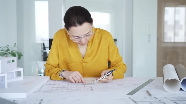Female architect working on blueprint project, designing residential building with compass and scale model. Architecture and business concept