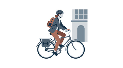 Fototapeta premium Woman cycling to work in city, wearing helmet and backpack, urban commute illustration