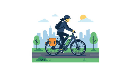 Fototapeta premium Woman Riding Electric Bike Through City Park with Skyline Background