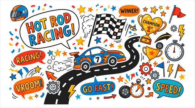 Hot rod racing doodle set with sport car trophy checkered flag and track path.