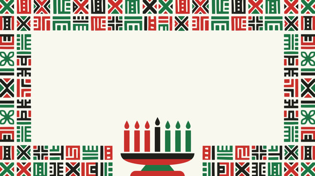 Kwanzaa Holiday Background Frame with Kinara and Traditional African Geometric Pattern Border