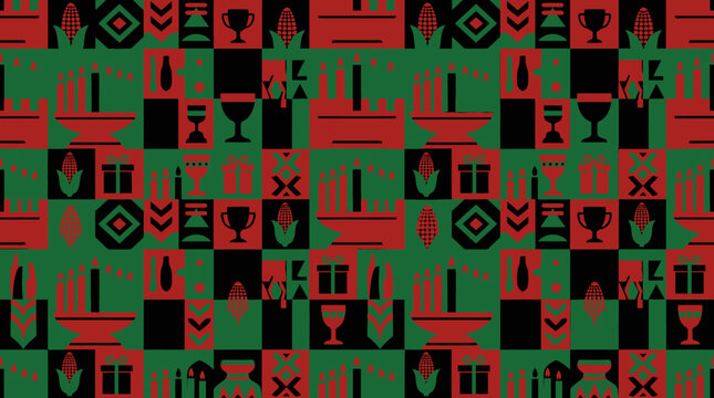 Seamless Kwanzaa Pattern with Traditional Symbols, Kinara, Corn, and Kikombe cha Umoja in Pan-African Colors