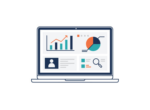 A meticulous vector graphic depicts a modern laptop displaying colorful business analytics and financial charts against a clean white background.