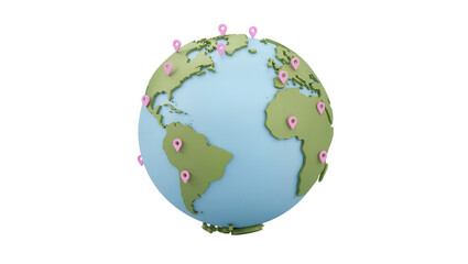 Fototapeta premium 3D globe with pink map pins marking locations on continents