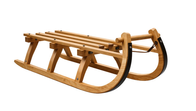 Wooden sled with curved runners and metal accents