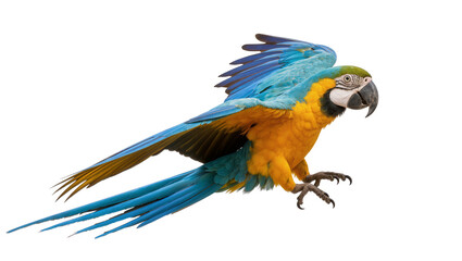 Blue and yellow macaw parrot flying with wings spread © Antonio