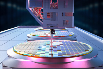 Robotic arms with silicon wafers for semiconductor manufacturing