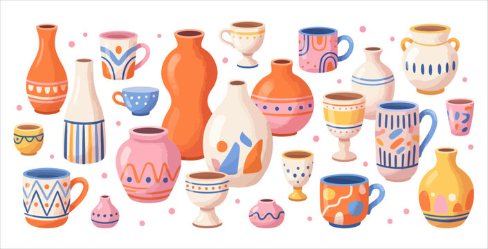 Set of ceramic tableware, clay pottery, handcrafted vases and mugs, hand drawn vector illustration.