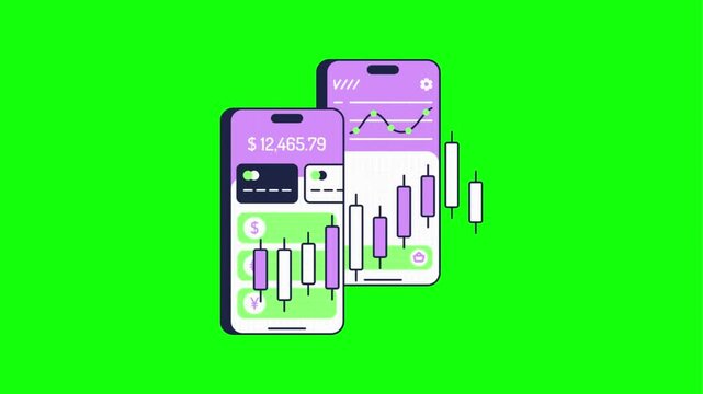 Mobile finance app interface with stock market charts and calculator icon on green background
