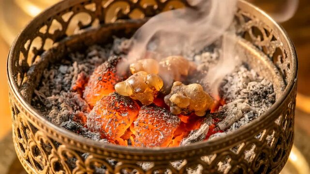 Thurible Ember Bed Frankincense Grains Smoke Rising Macro Detail Sacred Ritual