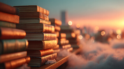 Obraz premium Dreamy Vintage Books Collection in Magical Light, Antique Literature Stacks with Atmospheric Glow for Knowledge Wisdom and Storytelling Concepts
