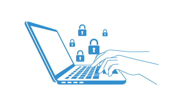 A pair of hands types on a laptop keyboard while several blue padlock icons float above the device to represent secure digital communication and data entry.