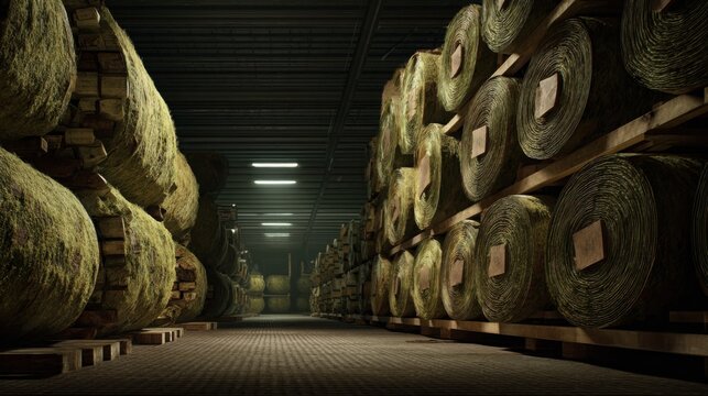 Large Dense Rolls of Insulation Material Stored in an Industrial Warehouse