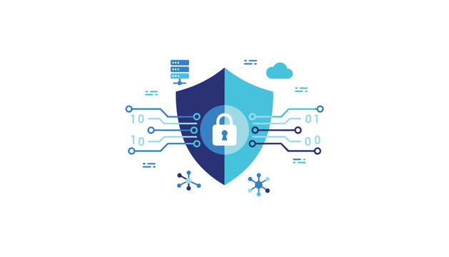 A secure digital shield icon features a central padlock with intricate circuit board patterns and binary code elements on a pristine clean white background.