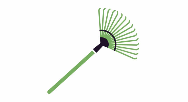 Minimalist fan rake with green tines and handle on white