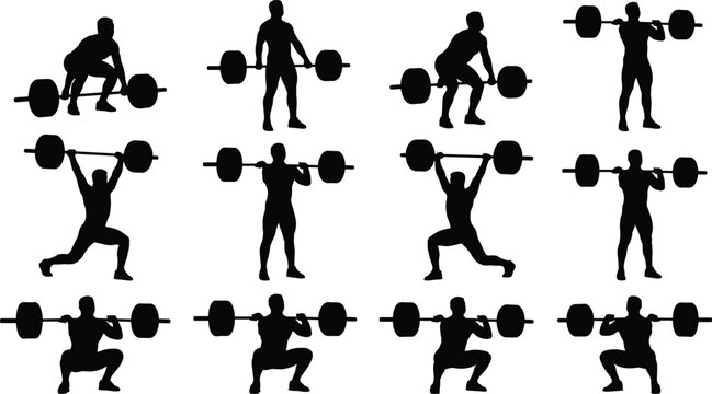 Olympic Weightlifting Step by Step Vector Icon Set Featuring Black Silhouette Shapes of Male Athlete Executing Clean and Jerk Snatch and Deadlift for Gym LayoutsOlympic Weightlifting Step by Step Vect