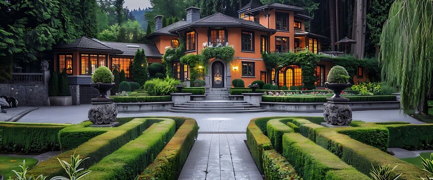Big custom made luxury house with nicely landscaped and trimmed front yard and driveway to garage in the suburbs of Vancouver, Canada.