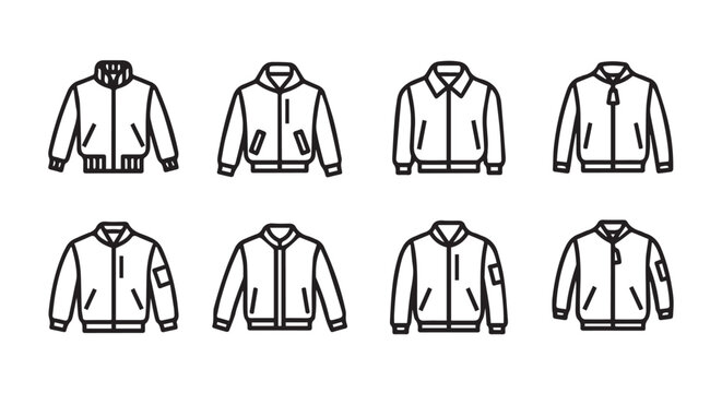 Eight bomber jacket outlines in a clean line art style on a white background
