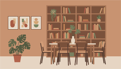 Cozy reading nook with bookshelves dining table and modern art on a warm earth toned wall © Fahim