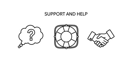 Support Icons Question Mark Life Preserver And Handshake In Line Style © MDAUAL