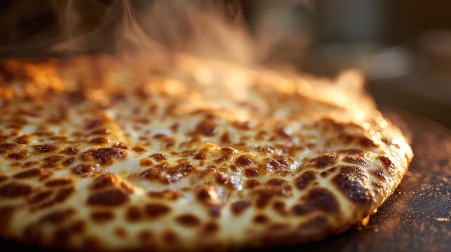 Extreme macro close up of a golden bubbling cheese pizza surface steaming with melted spots under soft warm directional backlight